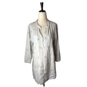 Saint Tropez West‎ Women Small Gray Linen Embroidered Tunic Top Lagenlook Boho